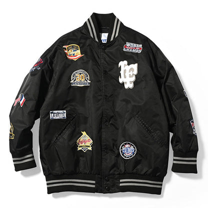 All Over Emblem Satin Varsity Jacket