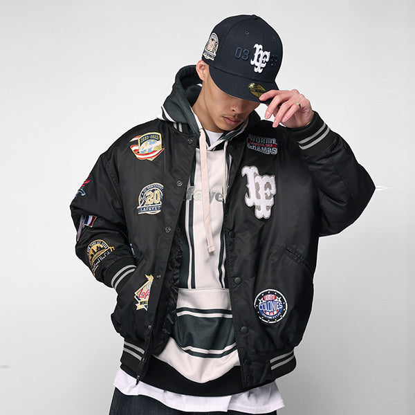 All Over Emblem Satin Varsity Jacket