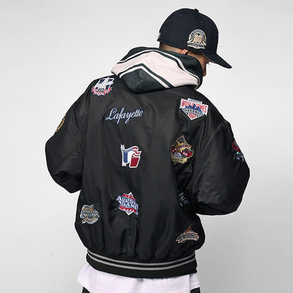 All Over Emblem Satin Varsity Jacket