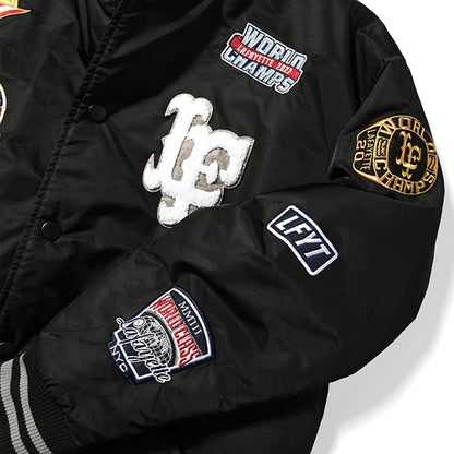 All Over Emblem Satin Varsity Jacket