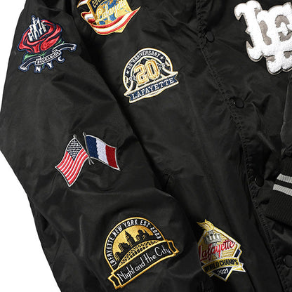 All Over Emblem Satin Varsity Jacket