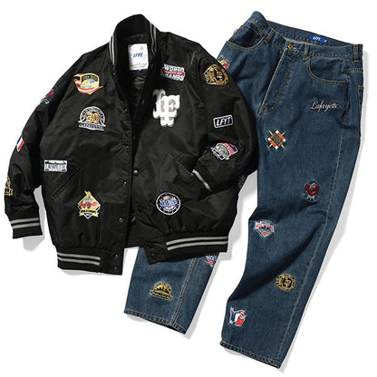 All Over Emblem Satin Varsity Jacket